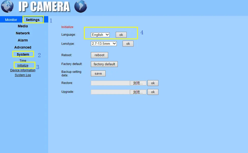 Digital interface for an IP camera settings menu, featuring blue background, text fields, and system configuration buttons.