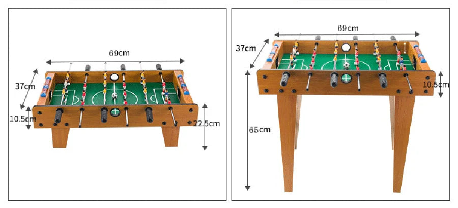 Wooden-style table football game with green pitch, metal rods, and measured dimensions, showing tabletop and leg options.