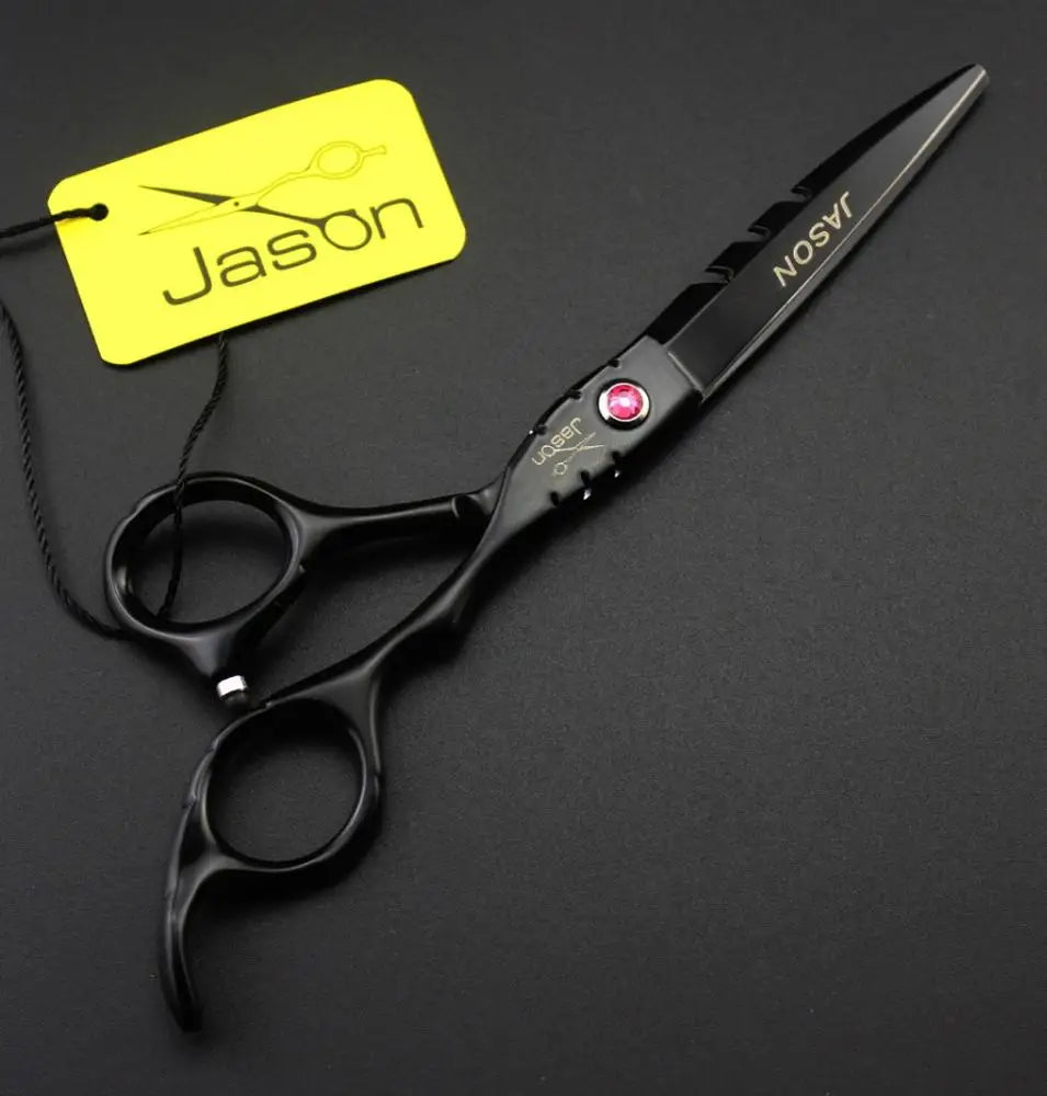 Professional 5.5-inch black salon hairdressing scissors with a pink jewelled tension screw and finger rest.