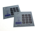 Two grey, flexible plastic membrane keypads for RFID access control with printed number pads and door bell icons.
