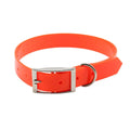 Bright orange, waterproof dog collar with a silver metal buckle and D-ring against a plain white background.