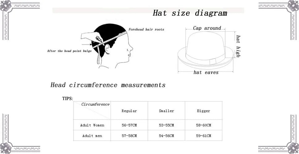Size guide diagram for a unisex fedora hat, showing head measurement instructions and a size chart for men and women.