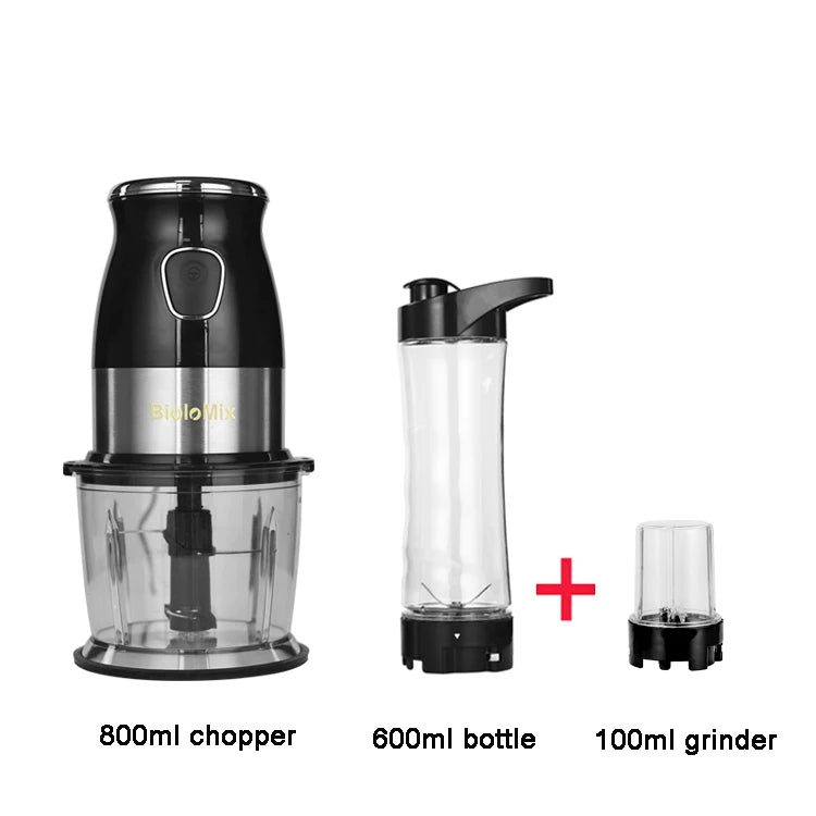 Black and silver kitchen blender set featuring an 800ml food chopper, 600ml bottle, and 100ml grinder.