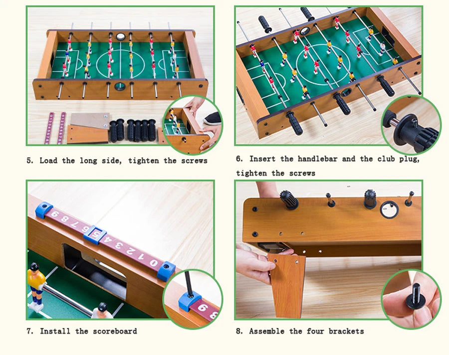 Wood-effect tabletop foosball table assembly guide, featuring green pitch, scoreboards, and black handle grips.