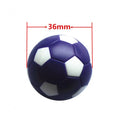 Purple and white 36mm foosball sphere with traditional soccer panel patterns and red measurement lines.