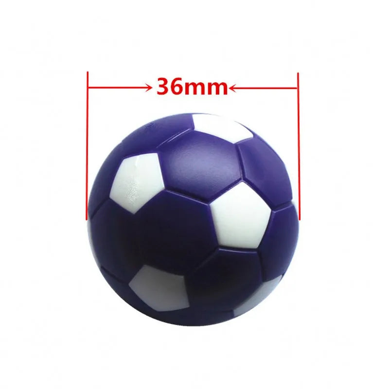 Purple and white 36mm foosball sphere with traditional soccer panel patterns and red measurement lines.
