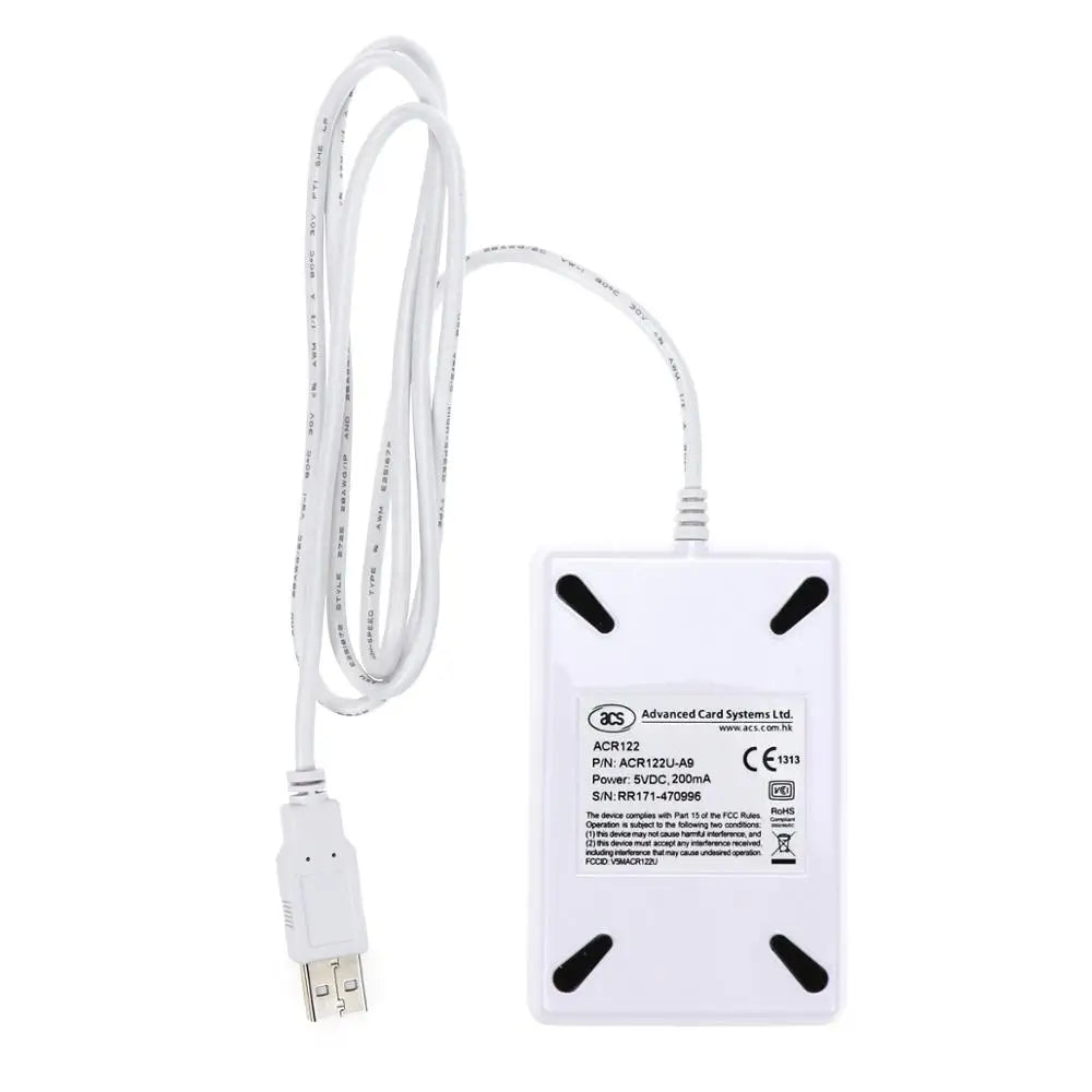 White plastic ACS ACR122U USB NFC card reader with attached white cord and USB connector.