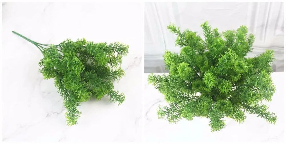 Artificial bright green plastic fern stems, shown individually and as a lush, bushy plant on a white marble surface.