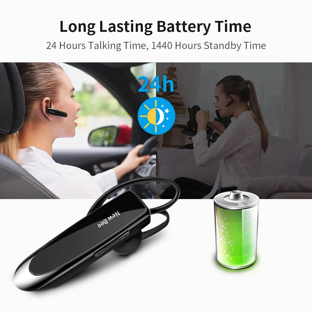 Sleek black wireless Bluetooth headset with microphone, featuring a 24-hour battery life for all-day hands-free use.