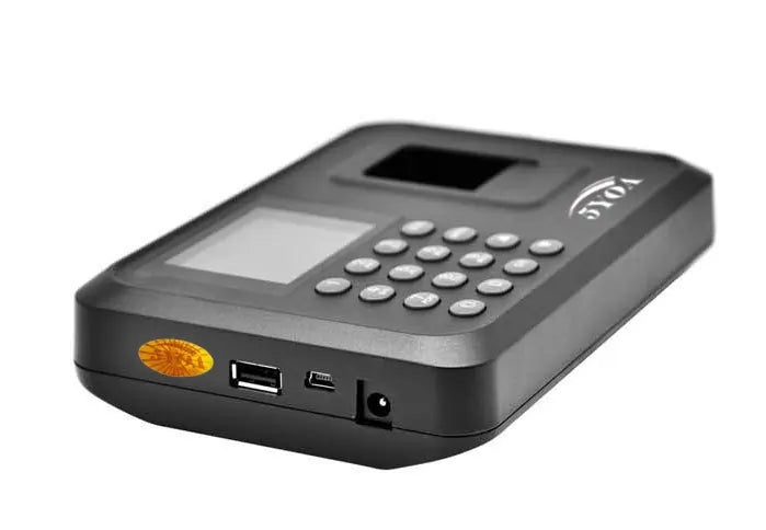 Black plastic fingerprint time attendance machine with a digital keypad, LCD screen, USB port, and power input.