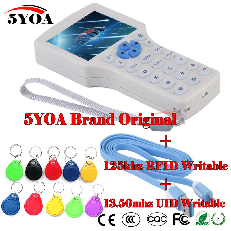 White handheld RFID copier with screen and keypad, including ten colorful key fobs, a blue USB cable, and wrist strap.