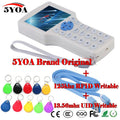 White handheld RFID copier with screen and keypad, including ten colorful key fobs, a blue USB cable, and wrist strap.