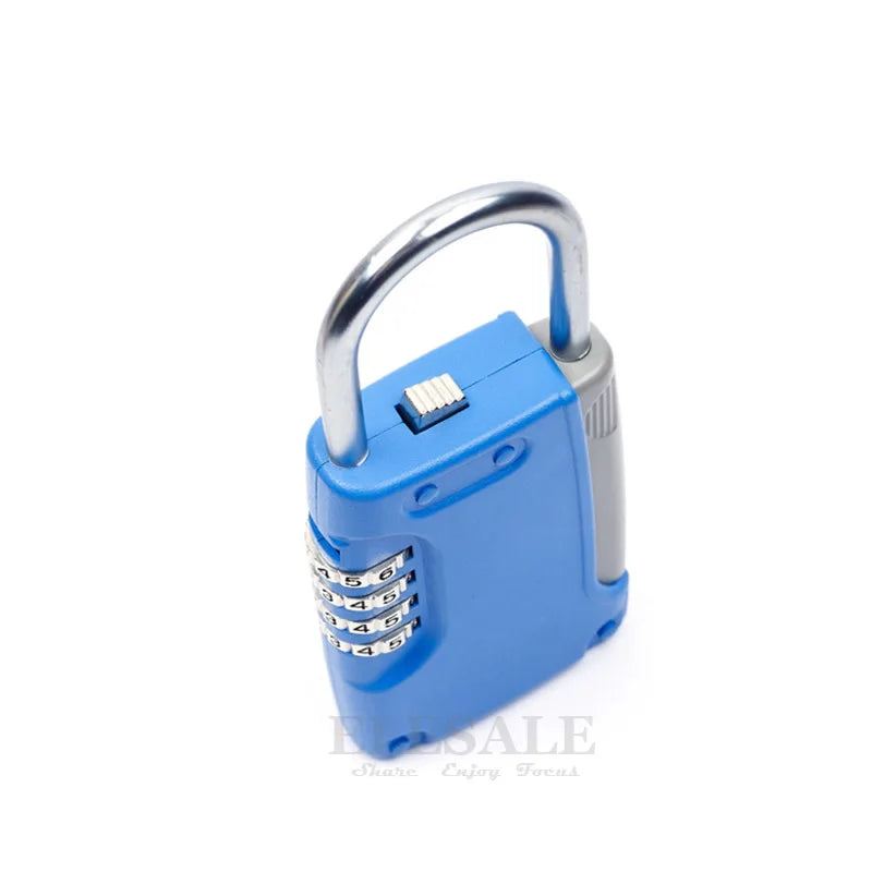 Blue plastic combination padlock with a metal shackle and a four-digit dial lock mechanism.