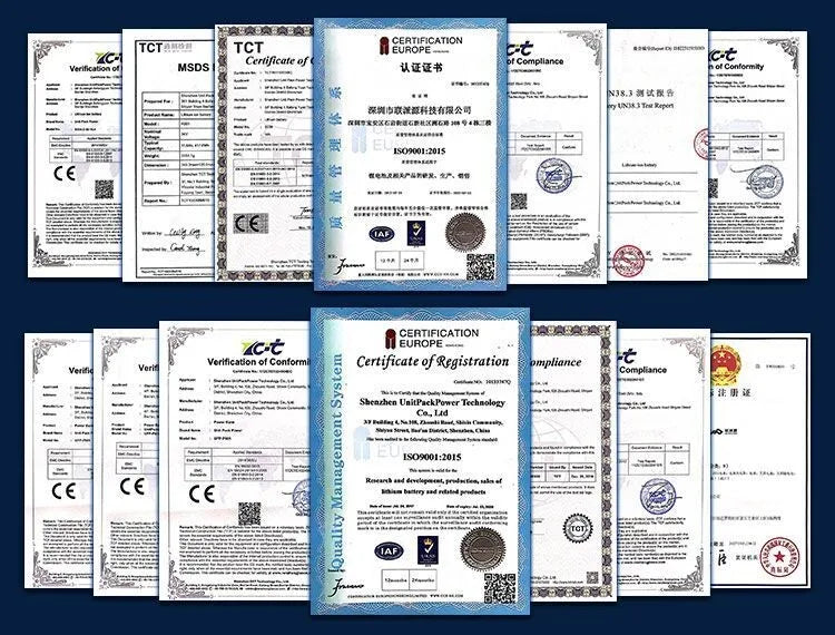A display of various official quality and safety certification documents for lithium battery products.