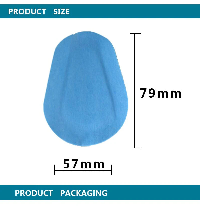 Blue, soft fabric eye patch for children measuring 79mm by 57mm.