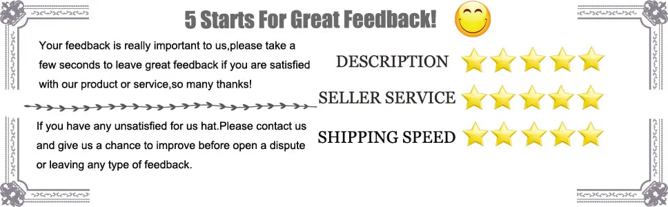 Customer feedback card with five-star ratings for description, service, and shipping.