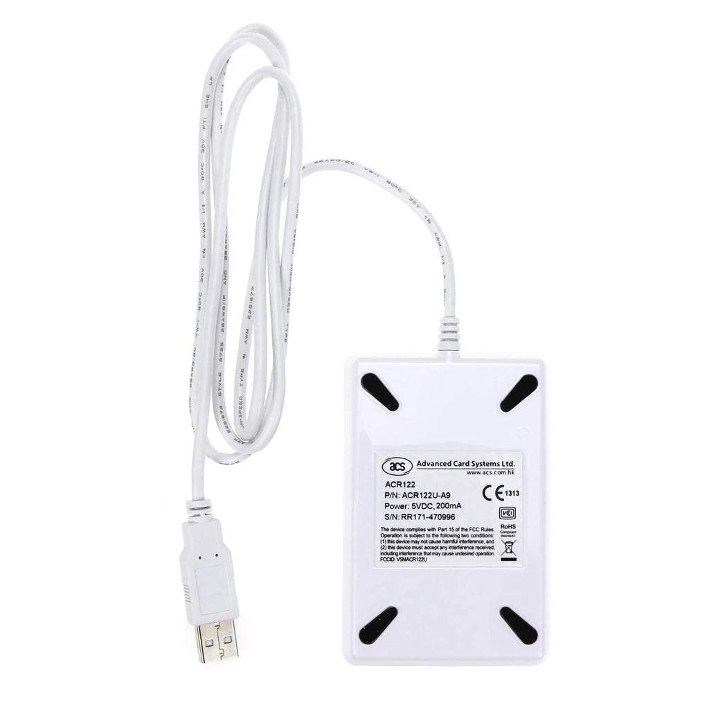 White plastic NFC smart card reader with a USB cable and rubber feet on the base.