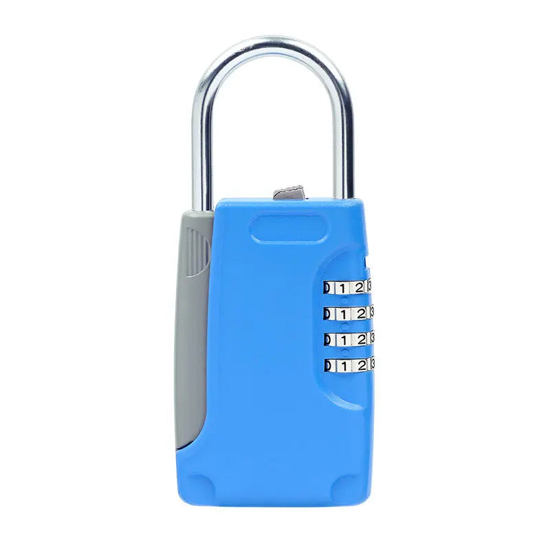 Blue plastic padlock with a silver metal shackle and a four-digit combination dial.