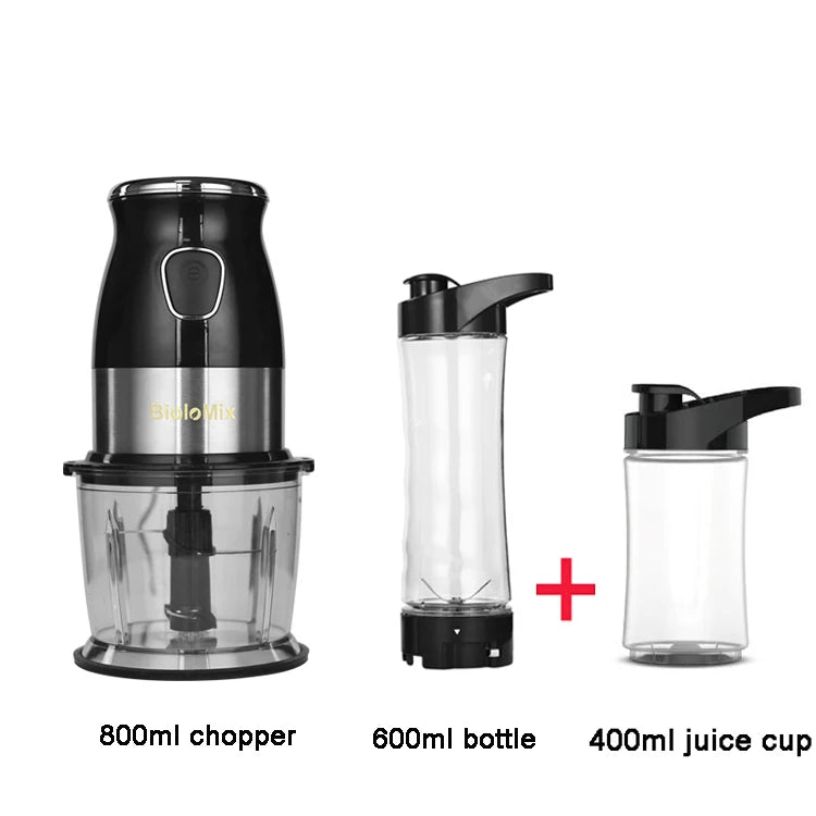 Black and stainless steel food processor set with an 800ml chopper, 600ml bottle, and 400ml juice cup.