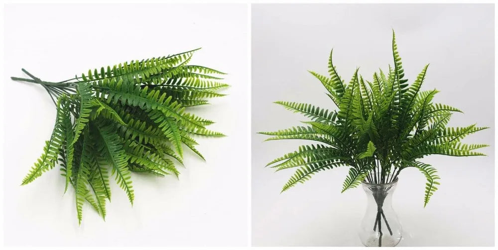 Two views of artificial green plastic fern branches, shown flat and arranged in a glass vase against a white background.