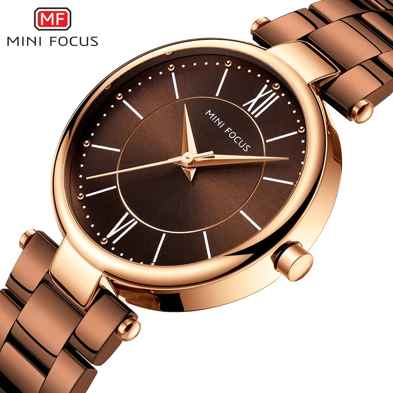 Mini Focus women's quartz watch with round coffee brown face, rose gold case, and brown stainless steel strap.