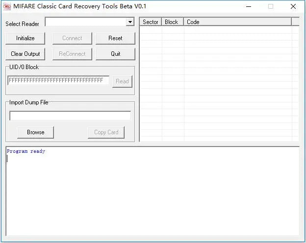 A light grey Windows software interface titled MIFARE Classic Card Recovery Tools with buttons and data fields.