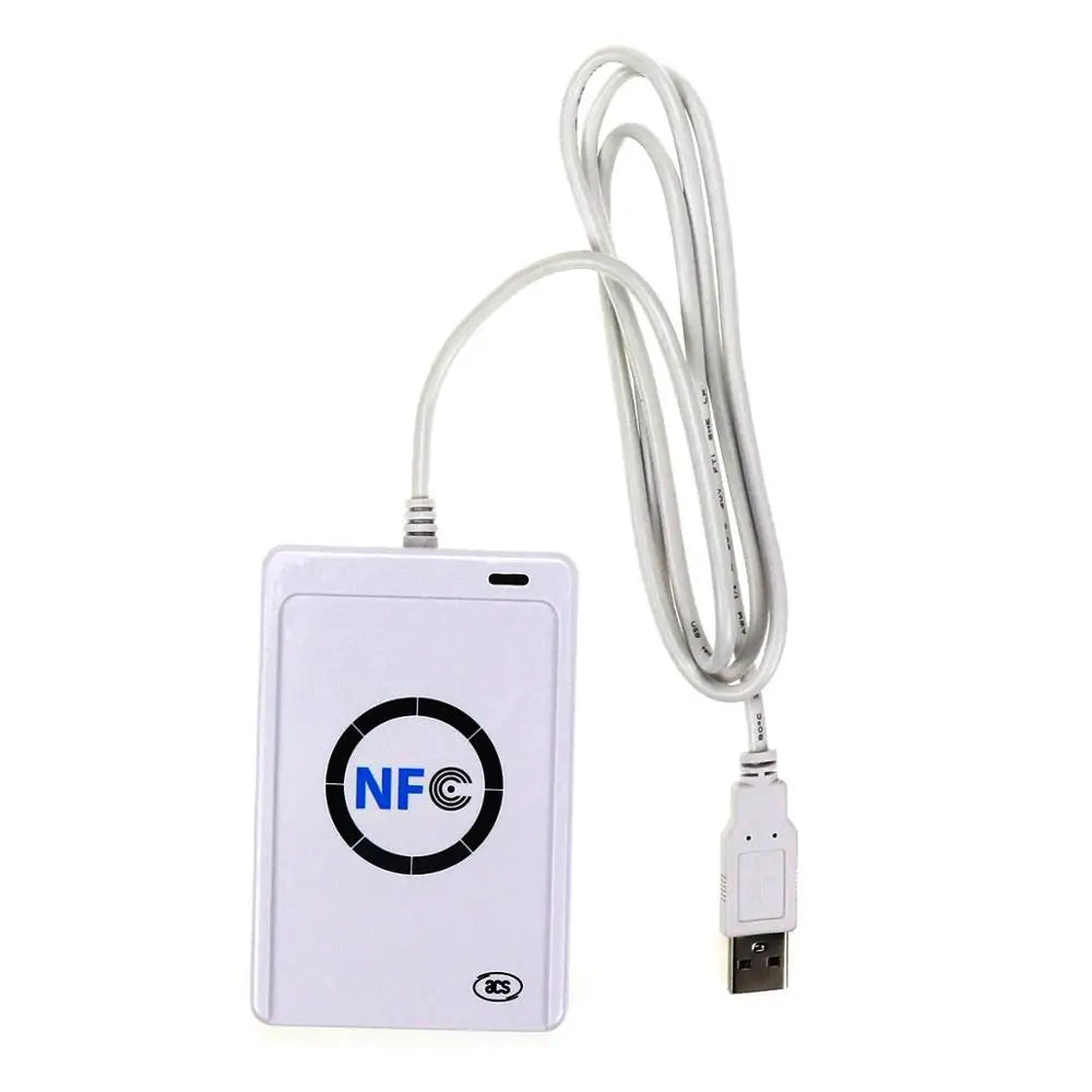 White plastic NFC smart card reader with a wired USB connection and indicator light.