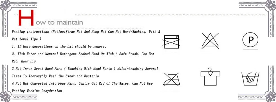 A care instruction guide for hats, featuring text advice and universal laundry symbols for gentle maintenance.