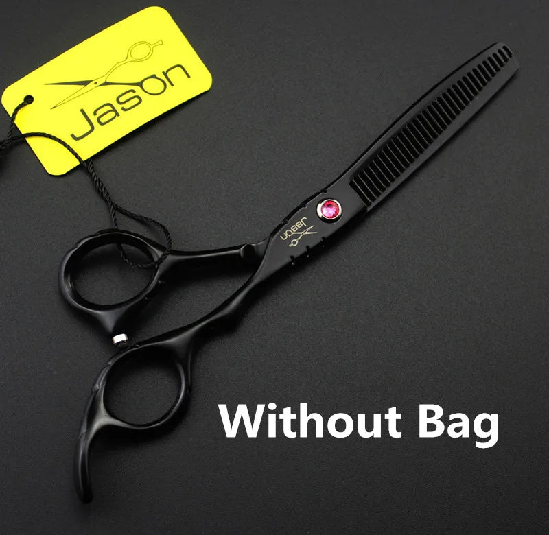 Professional 5.5-inch black thinning scissors with a pink jewelled tension screw, set against a dark background.