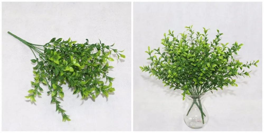A split image showing artificial green leafy fern sprigs laying flat and arranged in a small clear glass vase.