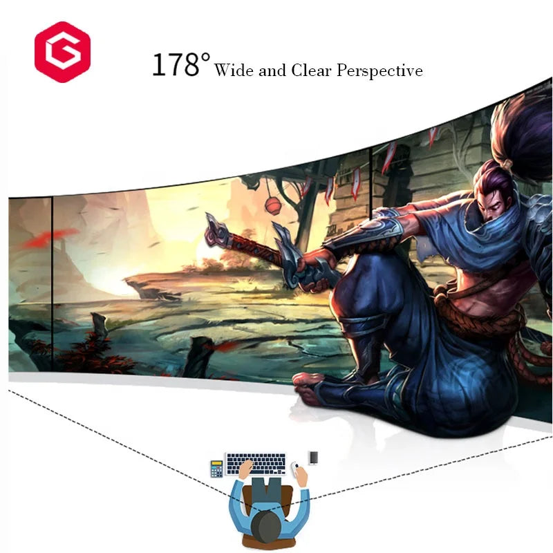 A 23.8-inch all-in-one desktop monitor showing a gaming scene to demonstrate its 178-degree wide viewing angle.