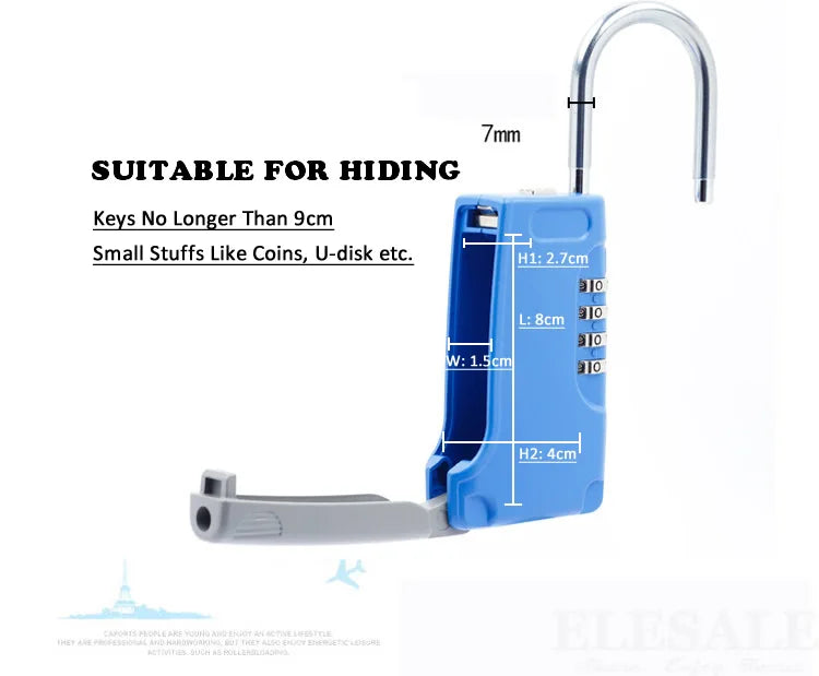 Blue plastic combination padlock with a metal shackle and an internal storage compartment for small items.