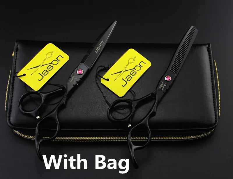 Two professional black 5.5-inch hairdressing scissors with pink jewel adjusters, displayed in a black storage case.