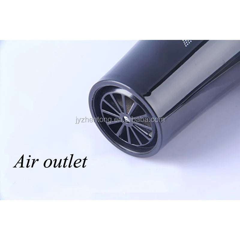 Close-up of a sleek, black professional ionic hair dryer showing the circular air outlet grille.