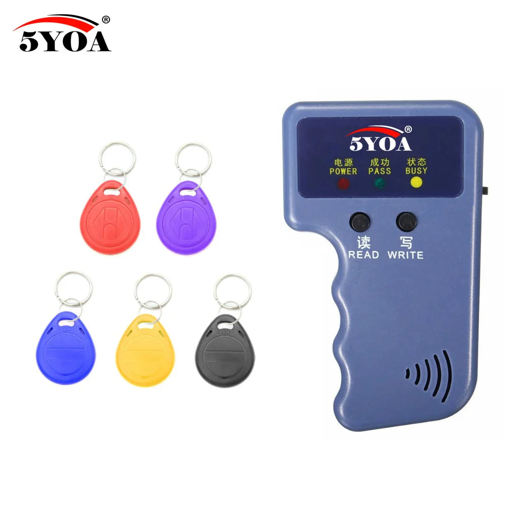 Blue plastic RFID handheld reader with read/write buttons and five colorful plastic key fob tags on silver rings.