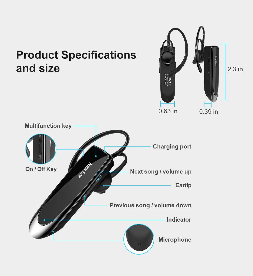 Sleek black wireless business headset with ear hook, volume controls, microphone, and charging port specifications.