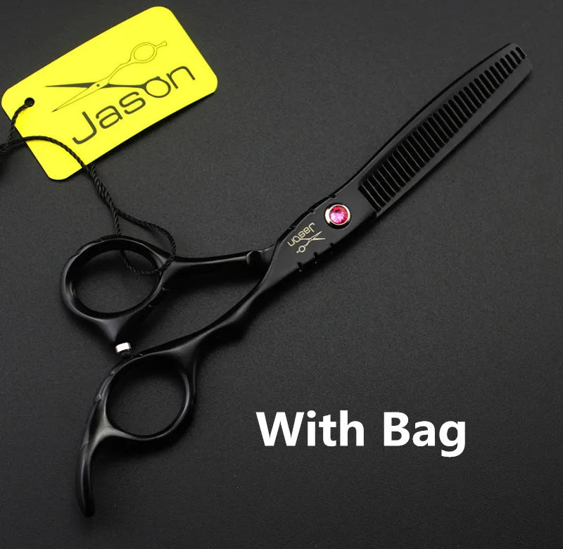 Professional 5.5-inch matte black hair thinning scissors with a decorative pink jewel pivot and finger rest.
