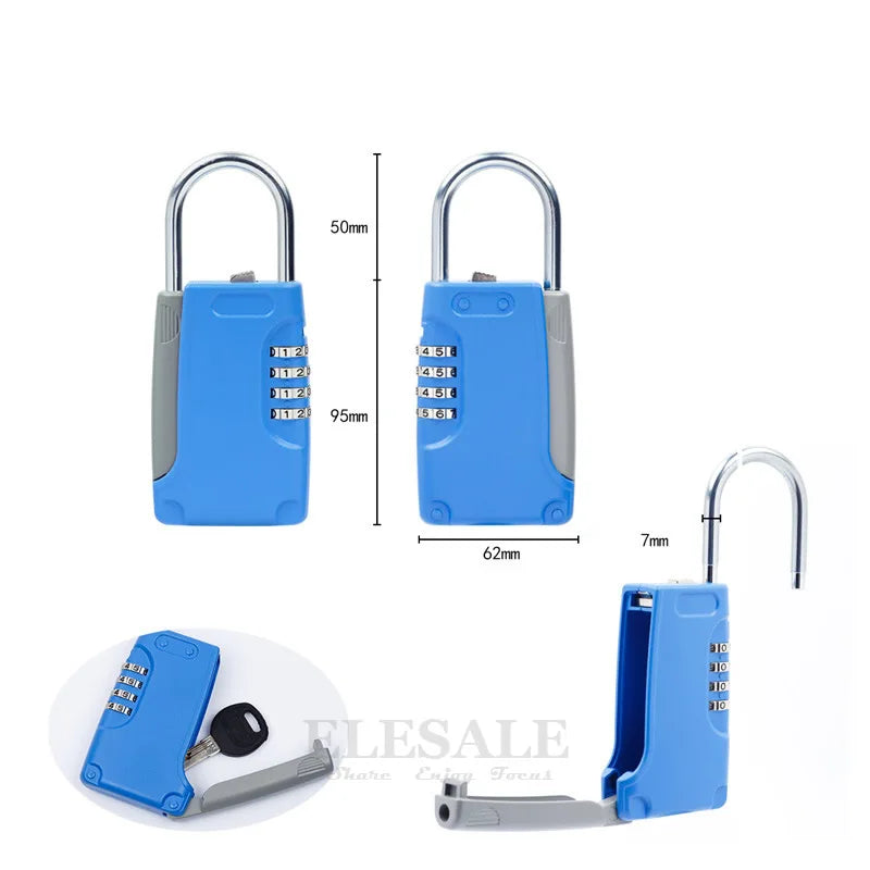 Blue and grey combination lock with a steel shackle, featuring a key storage compartment and numerical dials.
