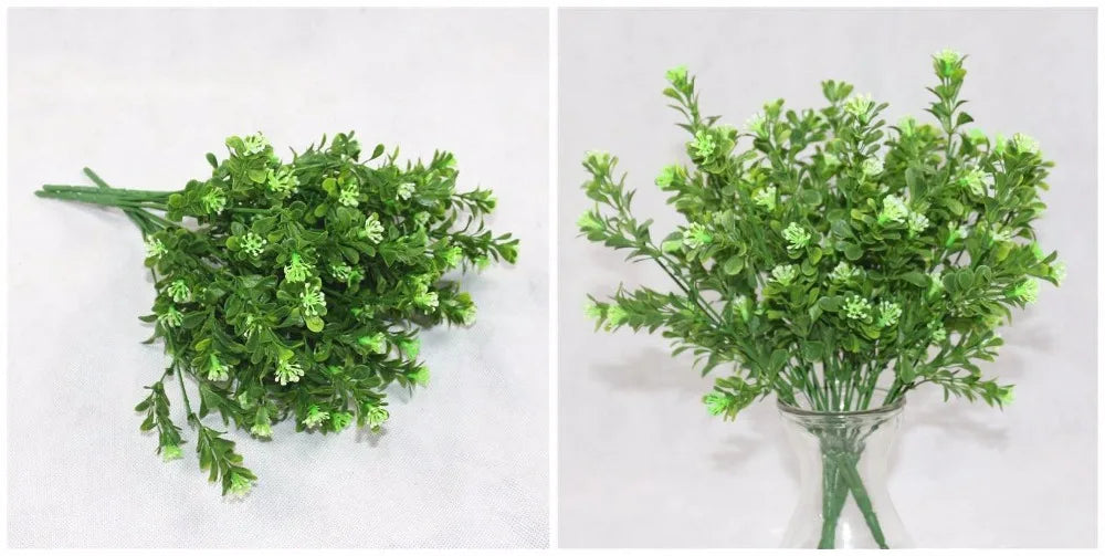 Two views of artificial green plastic grass stems with small light-green flowers on a plain white background.