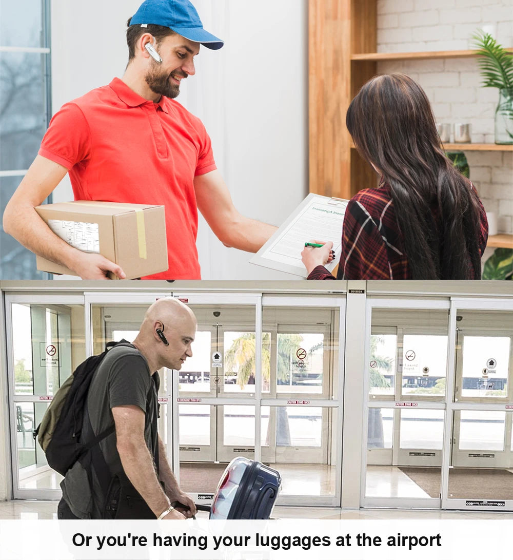 A courier and a traveller wearing sleek, comfortable wireless Bluetooth headsets for hands-free business calls.