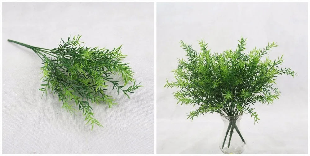 A split image showing green, needle-leafed artificial fern stems laid flat and arranged in a glass vase.