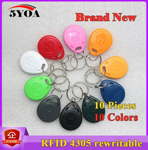 Ten multi-colored plastic RFID 4305 rewritable key fobs with metal key rings arranged in a circle.