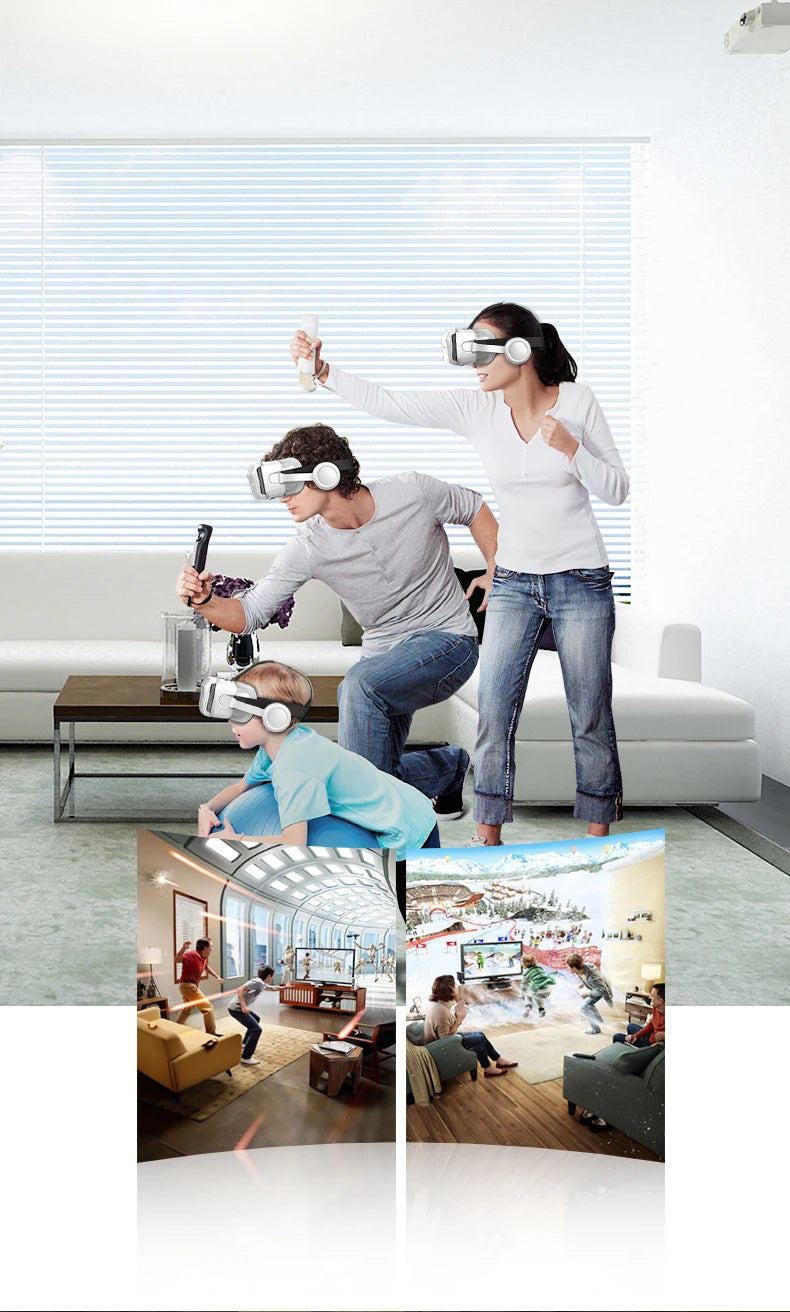 A family wearing sleek white and grey smartphone VR headsets, playing interactive games in their living room.