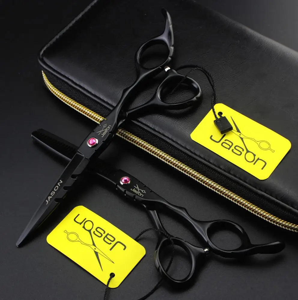Professional 5.5" matte black hairdressing scissors featuring elegant pink stone detailing and a black storage case.