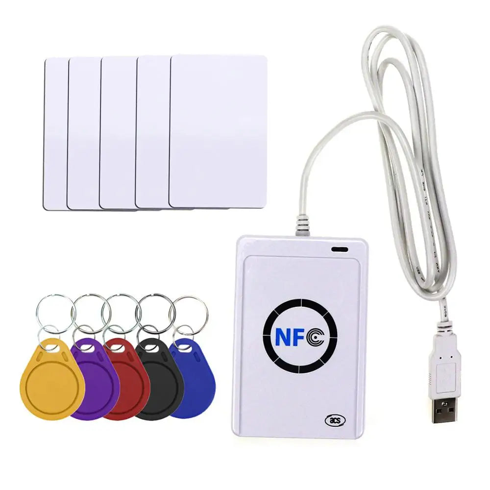 White NFC USB card reader with cable, five blank white plastic cards, and five colorful key fob tags.