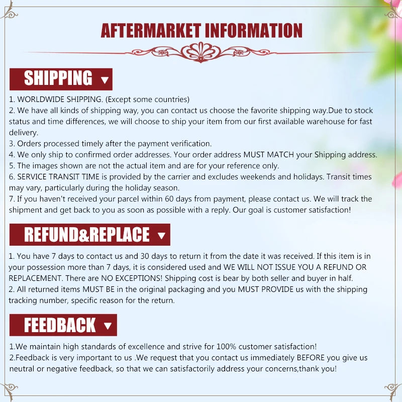 Aftermarket information graphic for shipping, refund, replacement, and feedback policies on a cream background.