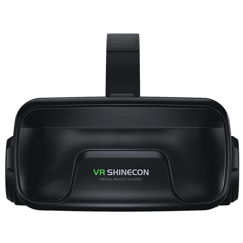 Black virtual reality headset for smartphones, featuring an adjustable overhead strap and a sleek, modern design.