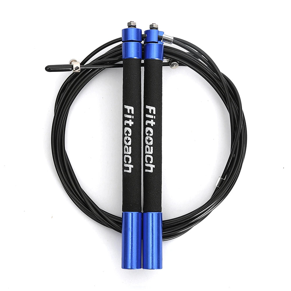 Speed jump rope with black foam grips, blue metal ends, and coiled black cable.