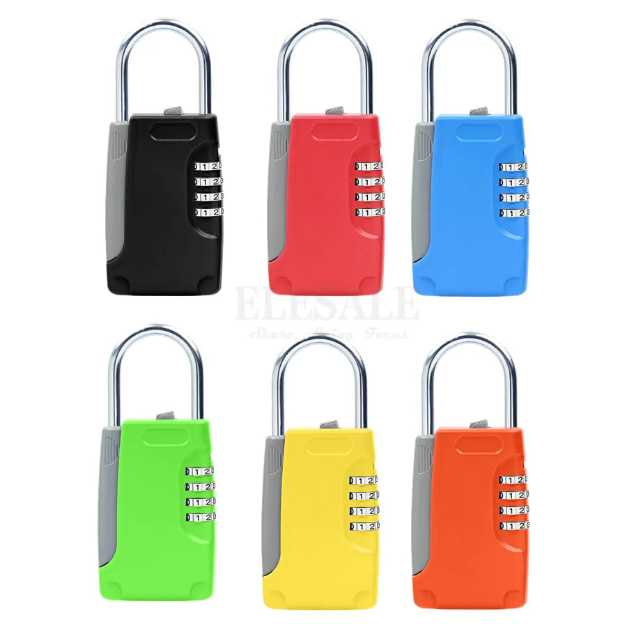 Six colorful, plastic-coated combination padlocks with a four-digit dial and a metal shackle in various colors.