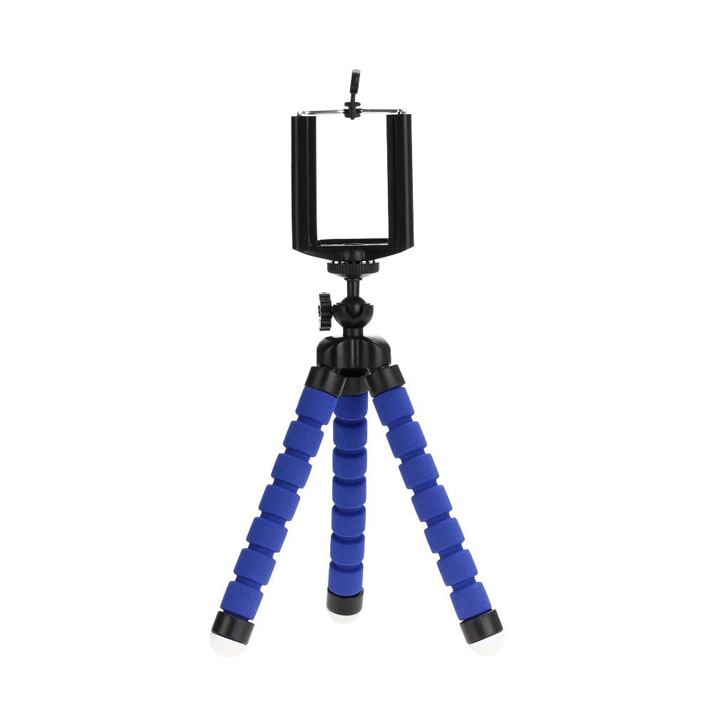 Flexible blue sponge tripod with adjustable phone mount holder for stable smartphone photography.